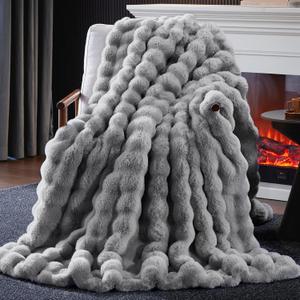Faux Fur Throw Blanket, 1000GSM Fluffy Soft Bubble Blanket for Couch Bed, Cozy Plush Warm and Thick Blanket, Fuzzy Rabbit Throw for Living Room Bedroom 50''*60'' Light Grey