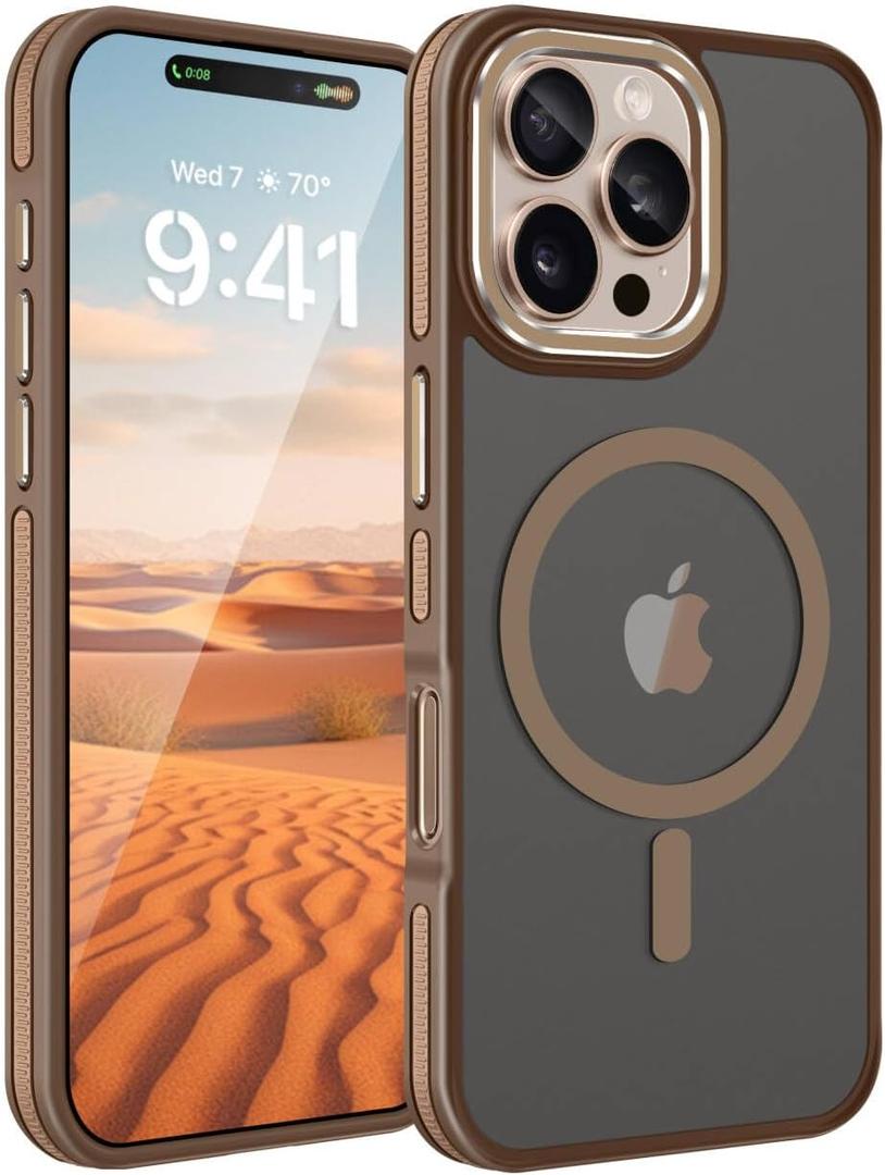 Fingic for iPhone 16 Pro Case[Compatible with Magsafe][Military-Grade Protection Shockproof] Support Magnetic Car Mount Slim Non-Slip TPU Rugged Bumper Translucent Matte Case for iPhone 16 Pro,Brown