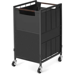 Laundry Hamper with Wheels & Adjustable Feet; 90L Laundry Basket with Removable Liner Bag & Side Mesh Pocket; Clothes Basket for Bathroom, Bedroom; Laundry Sorter with Wood Handle (Black)
