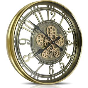 Real Moving Gears Wall Clock Large Modern Metal Clocks for Living Room Decor, Industrial Steampunk Unique Vintage Rustic Decorative Clock for Home Farmhouse Office, 21 Inch,Bronze Gold Arabic