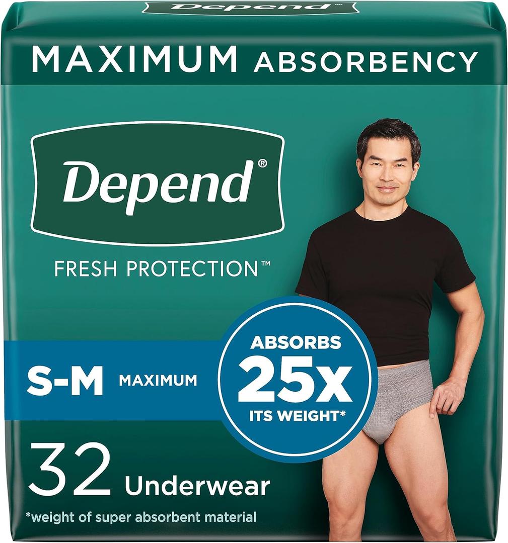 Depend Fresh Protection Adult Incontinence Underwear for Men, Disposable, Maximum, Small/Medium, Grey, 32 Count, Packaging May Vary