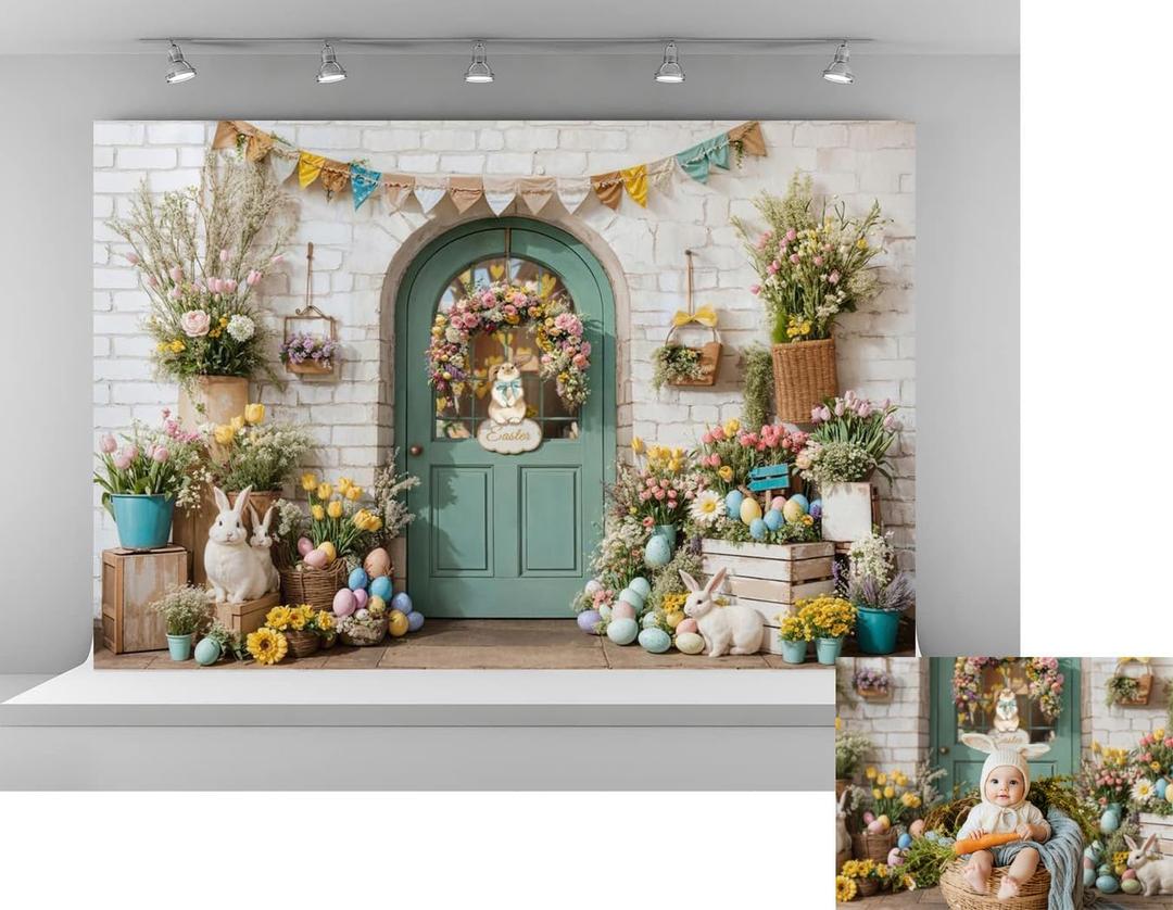 Kate 7x5ft Happy Easter Party Backdrops for Photography Colorful Eggs Shop Background Spring Colorful Flowers Backgrounds Easter Rabbit Holiday Studio Backdrop