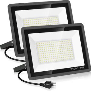 2 Pack 250W Led Flood Lights Outdoor,Super Bright 37000LM Security Lights with Plug,Exterior IP66 Waterproof 5000K Daylight White FloodLight for Basketball Court, Yard, Garden,Parking lot etc