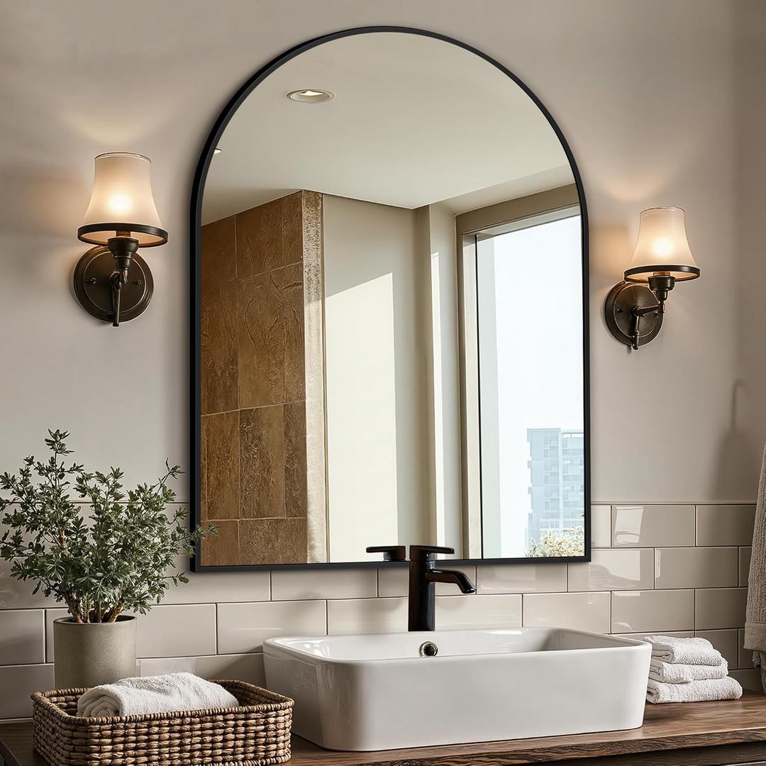Vanity Bathroom Mirror for Wall, 40"x30" Arched Bathroom Mirror for Over Sink, Arched Metal Frame for Bedroom, Living Room, Entryway, Hanging or Leaning, Black