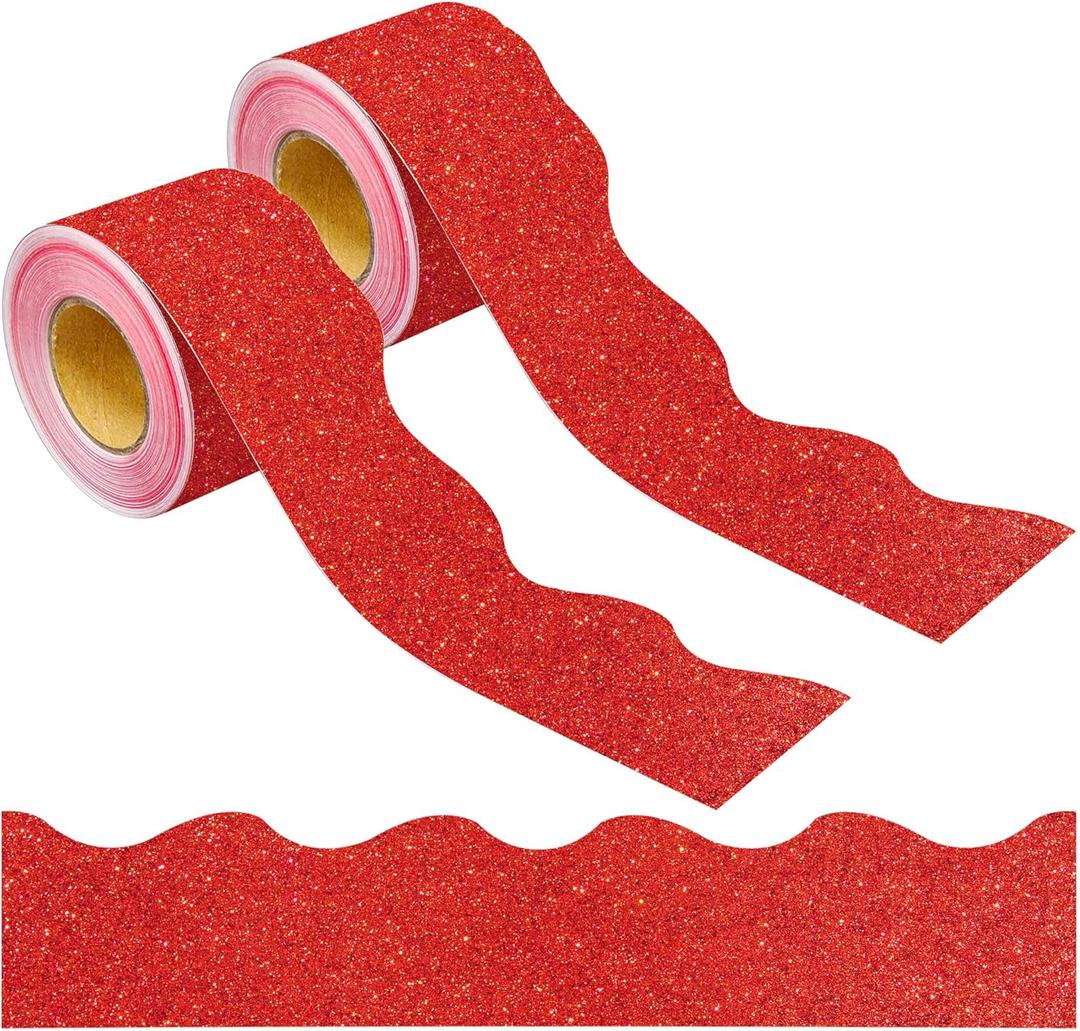 131 Ft Red Glitter Bulletin Board Borders Red Scalloped Bulletin Board Trims Shiny Decorative Border Trims Sparkle Self-Adhesive Border Stickers for Classroom School Home Office Blackboard Desk