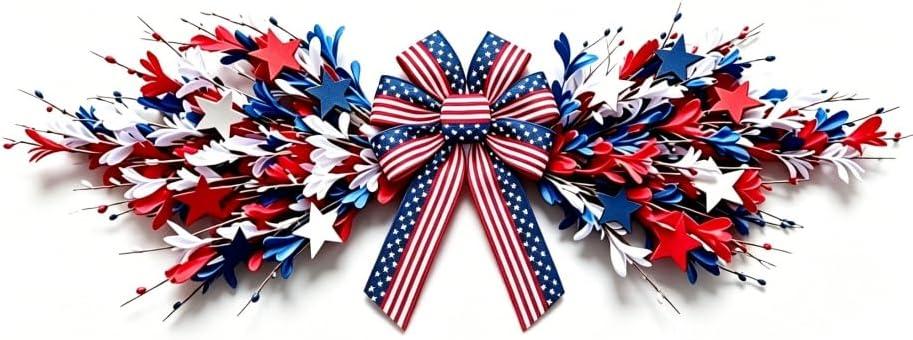 4th of July Patriotic Swag Red White and Blue Memorial Day Front Door Floral Twigs Swag with Forsythia Flowers Stars Independence Day 250th Anniversary Veterans Day Decor for Arch Wall Home Decor