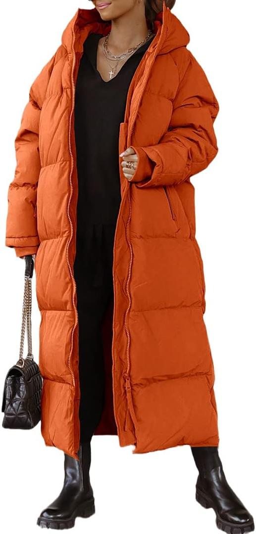 Shanfetl Women Long Quilted Coat Hooded Maxi Length Long Sleeve Puffer Jacket Padded Coat Winter Outerwear (Medium, Orange)