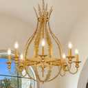 Wellmet Gold Farmhouse Chandelier, French Country Chandelier for Dining Room, Elegant Metal Chandeliers with Olive Leaf,Vintage Rustic High Light Fixture for Entryway,Bedroom,Living Room,Foyer 30" H, Large