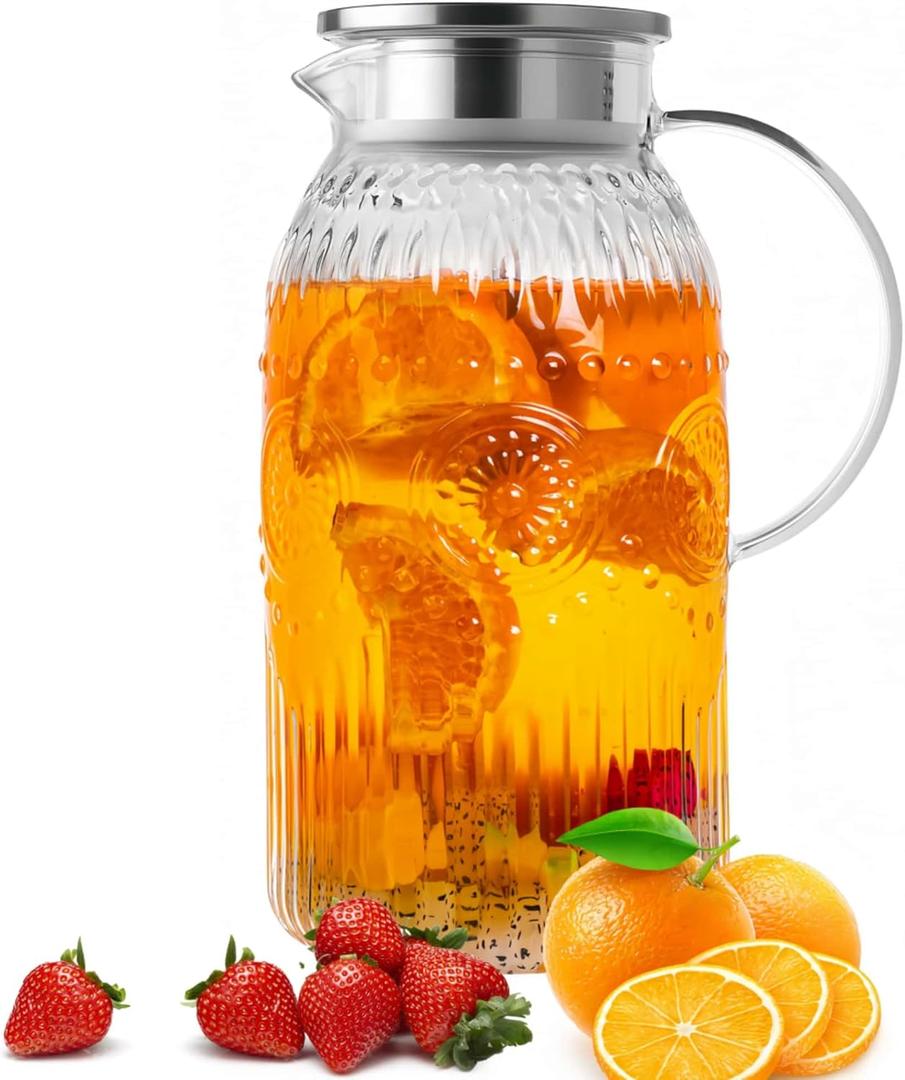 Bandesun Vintage Glass Pitcher with Lid, Heat Resistant Borosilicate Water Jug, 68 oz/ 2 Liter Water Pitcher with Handle and Spout for Fridge, Carafe for Hot/Cold Coffee, Tea,Beverage 1Pack