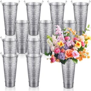 Zhehao 12 PCS 12 Inch Galvanized Metal Vase with Handles Bulk Tin Flower Buckets Galvanized Vases for Flowers Country Wedding Table Centerpieces Metal Flower Buckets for Wedding Home(Matte Silver)