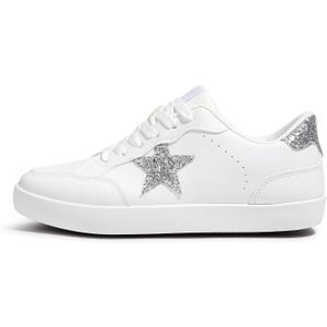 Fashion Star Sneakers for Women Glitter Sequins Lace Up Low Top Walking Shoes Comfortable Cushioned for Party, Casual & Daily Outfits (9, White/Silver)