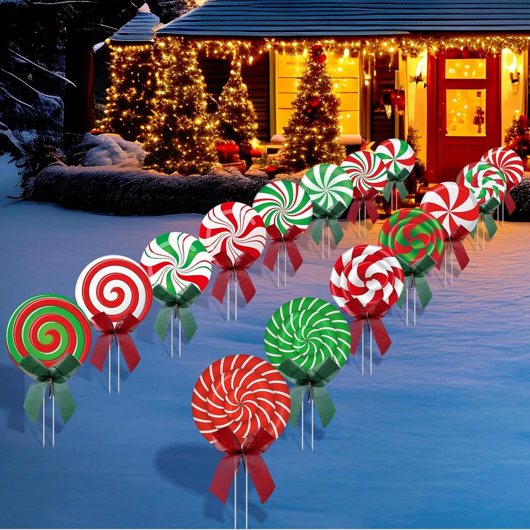 15 Pcs Christmas Outdoor Yard Signs Candy Decorations Outdoor Christmas Decorations Xmas Yard Lollipop Candy Hanging Ornaments Stakes Holiday Garden Sign Cardboard for Party Porch Lawn Walkway Decor