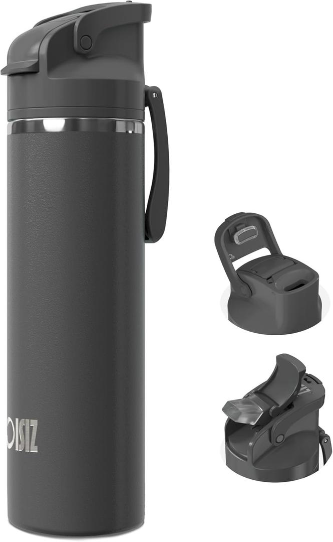 OISIZ Insulated Water Bottle 24 oz with 2 in 1 Spout and Straw Lid,One Click Safety Lock,100% Leakproof,Keep Cold 24H,Vacuum Stainless Steel Water Bottle for School,Travel and Sports,Dishwasher Safe (coal grey)