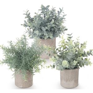 Lemonfilter Small Fake Plants, 3 Mini Potted Artificial Plants Plastic Eucalyptus Faux Rosemary Plants for Home Garden Office Desk Shower Room Farmhouse Decoration (3 green with yellow, 3 Green With Yellow)