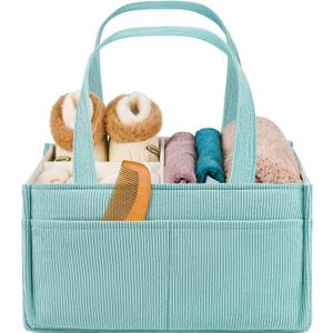 Baby Diaper Caddy Organizer - Portable Nursery Storage Basket for Newborn Essentials, Foldable Diaper Bag Organizer for Baby Shower Gifts and Registry Must-Haves, Car Organizer with Dividers (Blue)