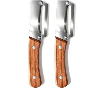 2PCS Multi Functional Premium Vegetable Peeler with Wooden Handle and Bottle Opener,Stainless Steel Blade Kitchen Tool for Fruit Apple Potato Pumpkin Papaya Carrot