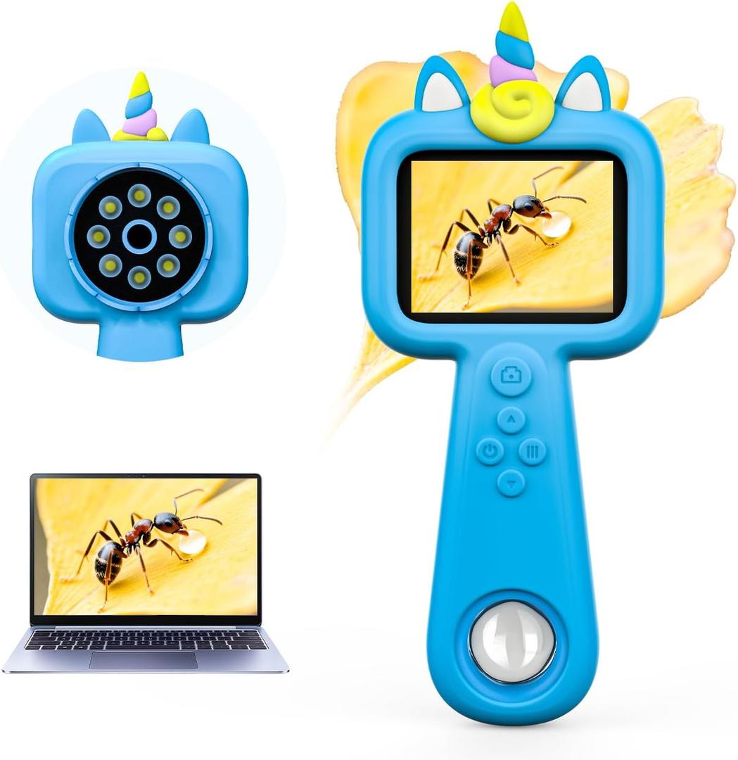 600X Handheld Microscope for Kids, 2.4'' Rechargeable Mini Pocket Digital Microscope Outdoor Toys, Portable Microscopes for Kids 4-8 8-12, Christmas Birthday Gifts for Boys Girls (Blue)