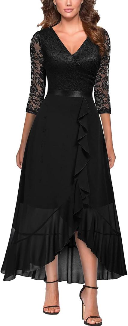 Miusol Women's V-Neck Floral Lace Classy Ruffle Design Wedding Party Maxi Dress (Large, Black)