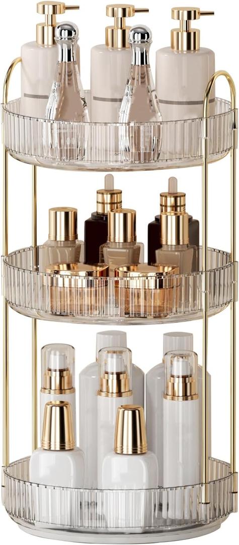 360 Rotating Makeup Organizer for Vanity - 3 Tier Perfume Organizer with Large Capacity - Skincare Organizer for Bathroom Counter - Space-Saving Cosmetic Storage for Dresser Countertop (Clear) (Transparent)