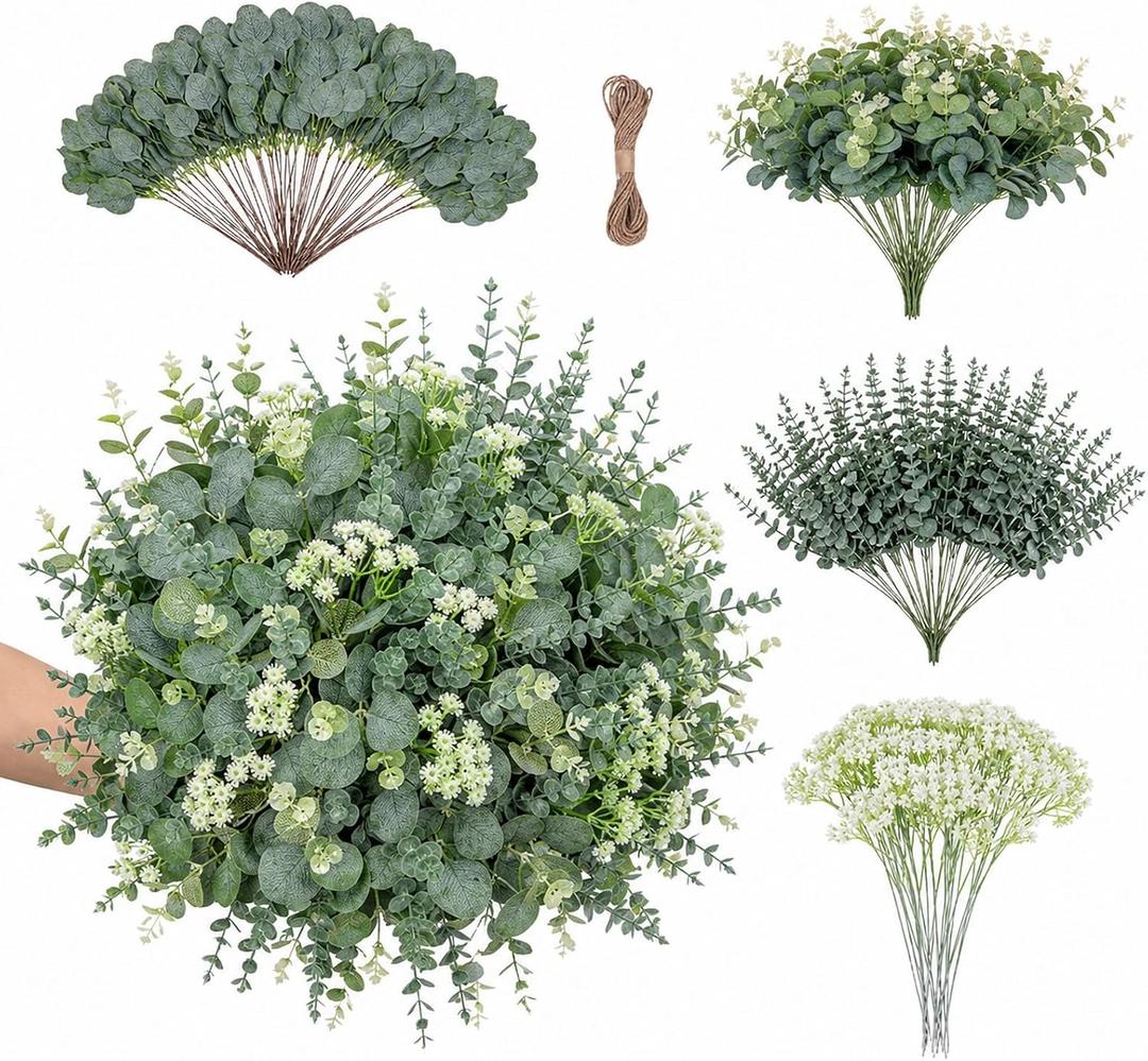 200 Pcs 4 Kinds Mixed Artificial Eucalyptus Greenery Stems Bulk