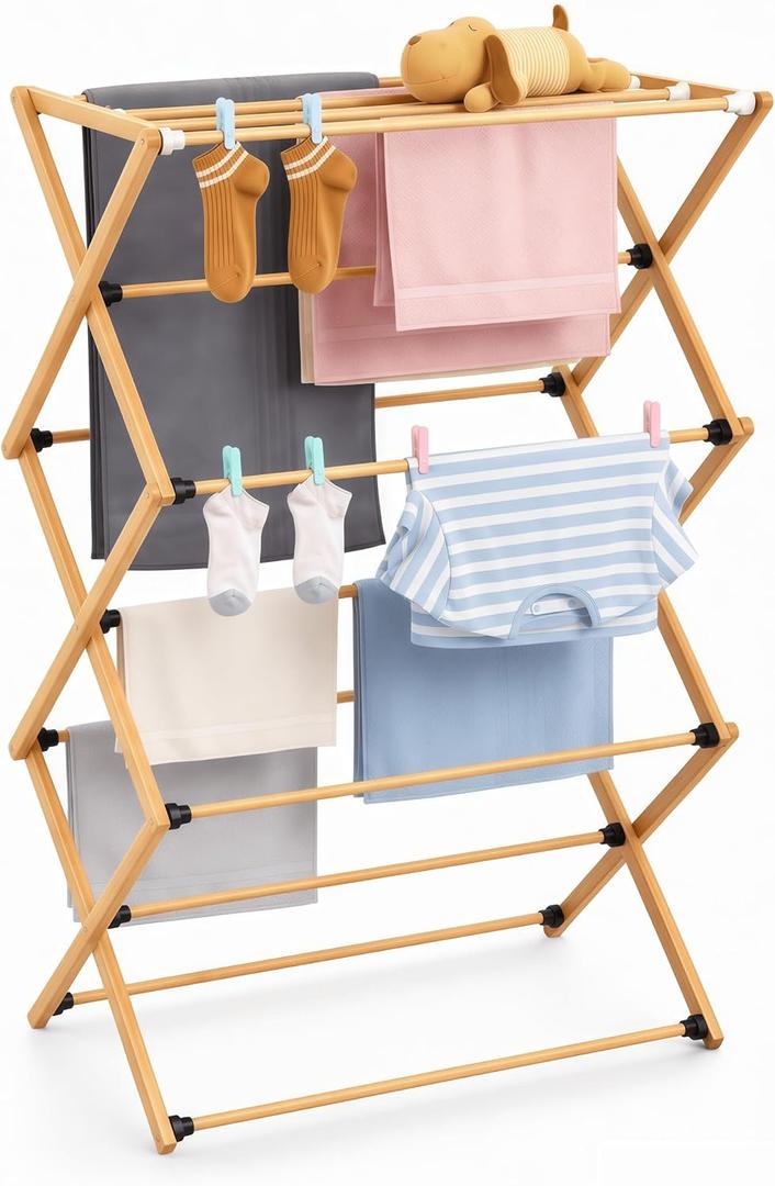 FJO Foldable Bamboo Clothes Drying Rack, 3-Tier Collapsible Laundry Clothes Hanger, Portable Wooden Drying Rack, Space Saving Indoor Outdoor, 28'' D x 15'' W x 39.3'' H, Beige