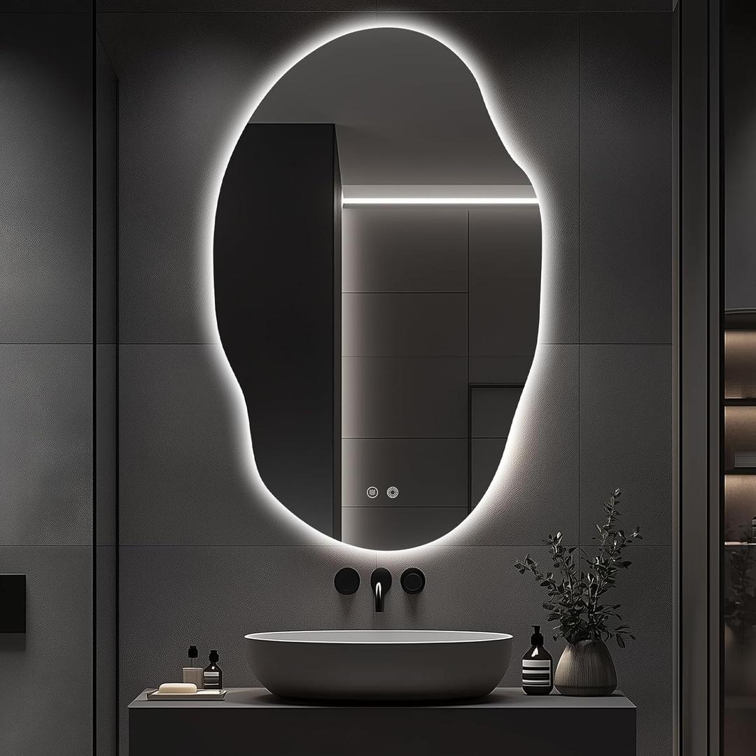 Asymmetrical LED Bathroom Mirror with Lights,Irregular Led Bathroom Vanity Mirror for Wall with Backlit, Anti Fog, 3 Colors and Dimmable Light,[Horizontal/Vertical] 48" H x 30" W (Clear)