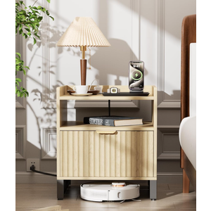 Fluted Night Stand with Charging Station, Wood Nightstand with Large Drawer and Open Storage Cabinet, Mid-Century Modern Bedside Table End Table for Bedroom Closet Office