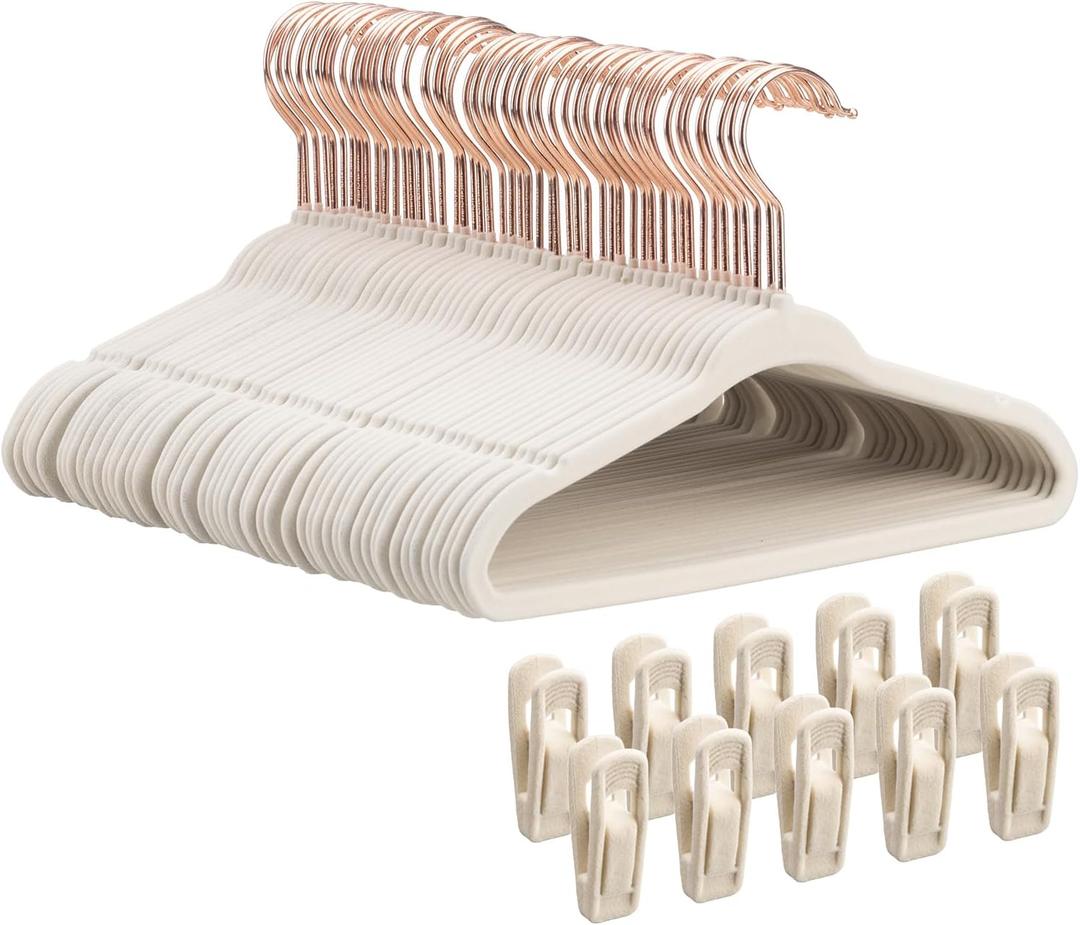 Tonswachic 50-Pack 11 Inch Baby Closet Hangers with 10 Clips - Soft Velvet Non-Slip Hangers for Infant & Toddler Clothes (Beige)