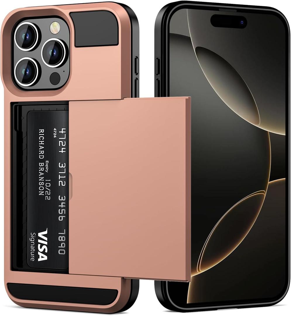 Vofolen Compatible with iPhone 16 Pro Max Case with Card Holder Dual Layer Heavy Duty Drop Protection Hidden Sliding Card Slot Slim Wallet Phone Case for Women Men, 6.9 Inch Rose Gold