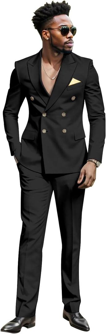 African Suits for Men Double Breasted Slim Fit Jackets and Trousers 2 Piece Set Slim Fit Business Suit (X-Large, Black)