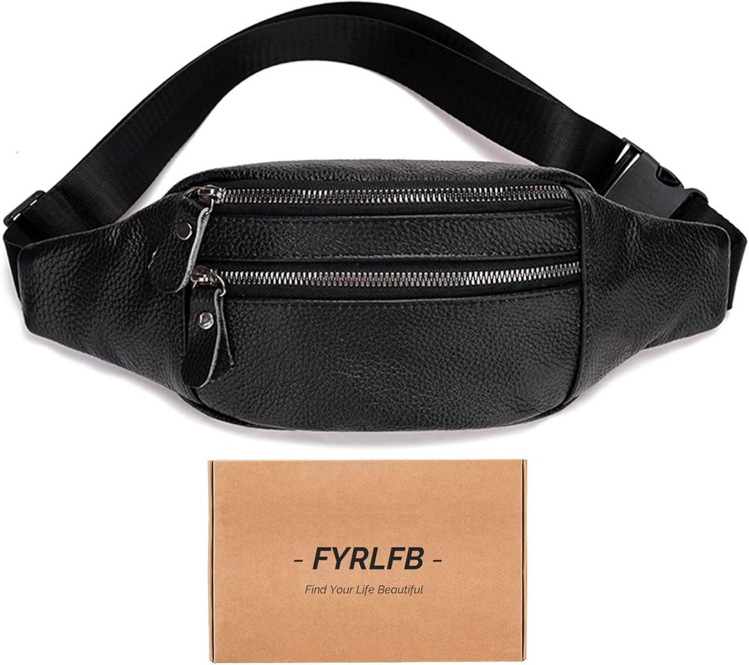 Genuine Leather Fanny Pack, Outdoor Travel Waist Pack, Cowhide Leather Waist Bag with Adjustable Strap, Suitable for Outdoor Hiking, Travelling, Cycling, Running - Black