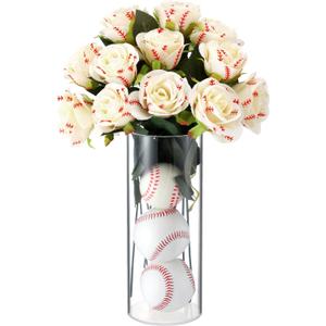 Suncalla 12 Pcs Baseball Rose with Leaves Bulk Artificial Fake White Roses Decor Sports Flower Gifts for Table Centerpieces Graduation Wedding Gift Sports Theme Rose Bouquet Party Favors