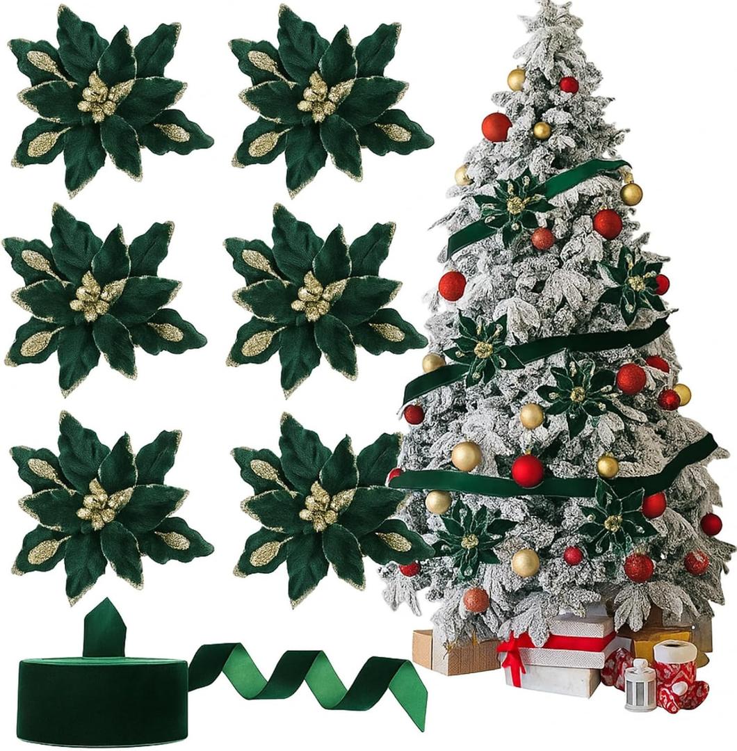 6 Pcs Green Glitter Christmas Poinsettia Flower with Ribbon, 11 Inches Large Artificial Poinsettia Flower Green Velvet Christmas Tree Ornaments Wreath Garland Decoration with Stems