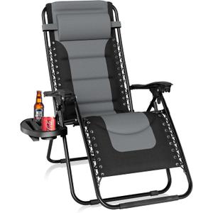 PHI VILLA Padded Zero Gravity Lounge Chair Folding Patio Recliner with Adjustable Headrest & Cup Holder, Support 350 LBS (Grey)