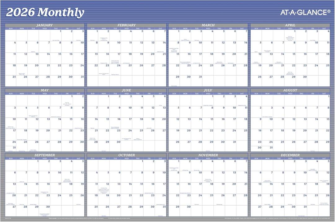 AT-A-GLANCE 2026 Erasable Calendar, Dry Erase Wall Planner, 36" x 24", Large, Vertical/Horizontal, Reversible, Blue (A1102-26)