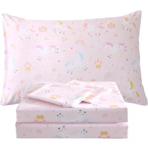 Kids Sheet Set Unicorn Pink Queen Size Bedsheet for Girls, 4PCS Rainbow Printed Microfiber Soft Breathable Children Bedding Easy-Fit 14 Inch Deep Pocket