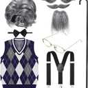 WILLBOND 9 Pcs Old Man Costume for Boys 100th Day of School Kids 1920s Old Person Outfit Halloween Costume Dress Up Small