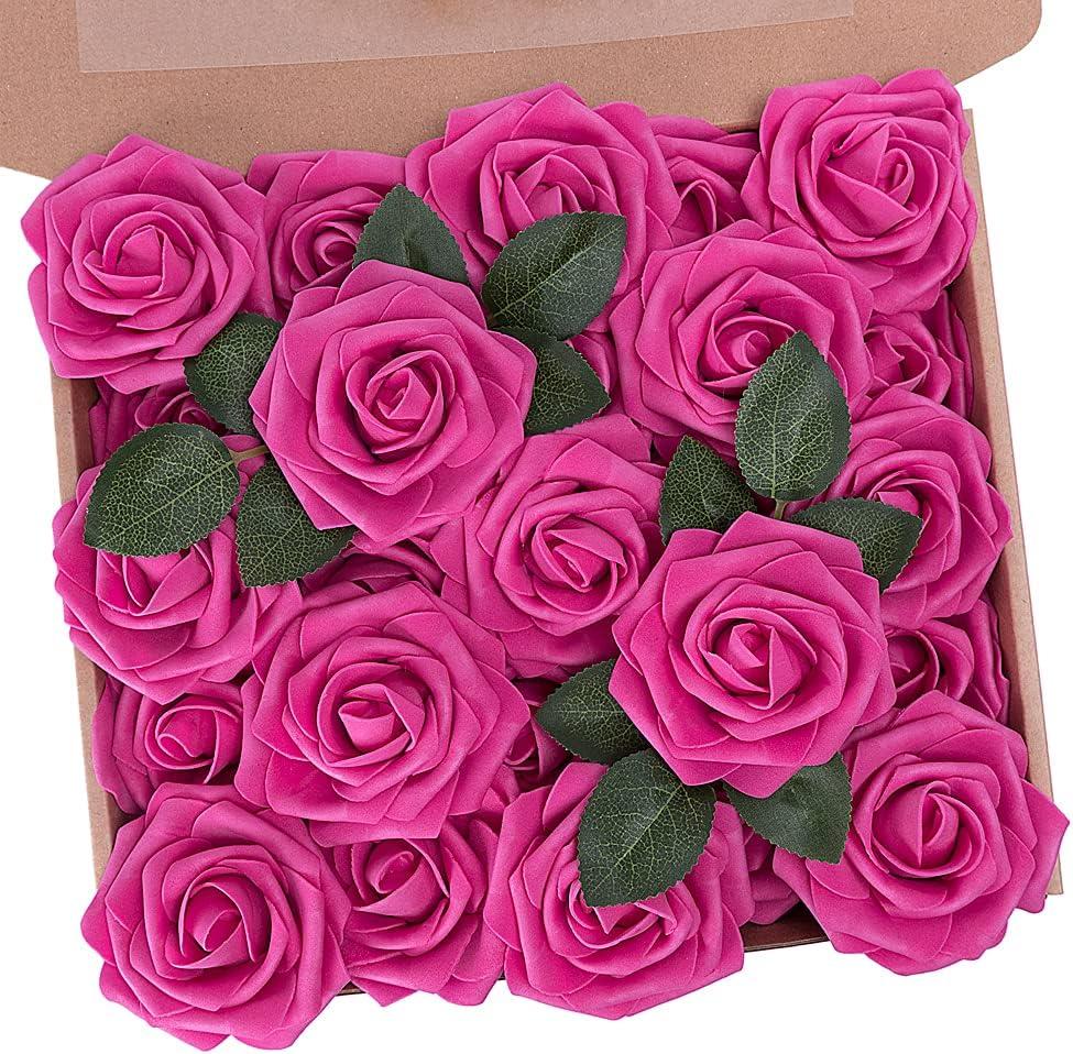N&T NIETING Artificial Flowers, Foam Roses Perfect for Valentine's Day DIY Wedding Bridal Bouquets Centerpieces Bridal Shower Party Home Flower Arrangement Decor 25Pcs, Hot Pink