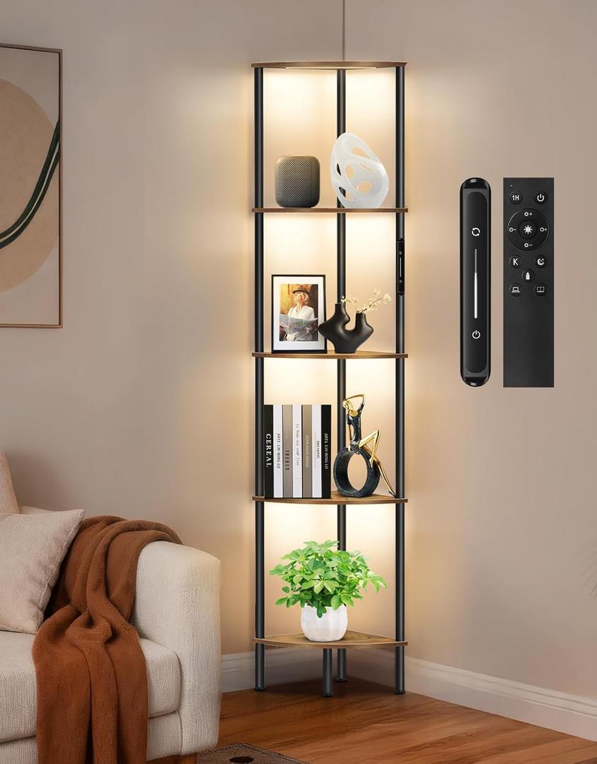 5 Tier Corner Shelf with LED Light, Touch & Remote Control, Dimmable Narrow Corner Bookshelf with 3 Color Temperature, 1-Hour Timer, Display Shelves for Living Room, Bedroom (Rustic Brown)