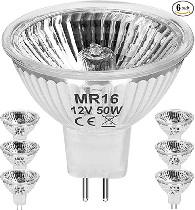 Jaenmsa MR16 12V 50W Halogen Light Bulbs 2 Pin, 6 Pack MR16 Halogen Bulb 50W GU5.3 Base Dimmable Indoor Outdoor Flood Halogen Small Light Bulb 2800K Warm White for Landscape, Track Lights