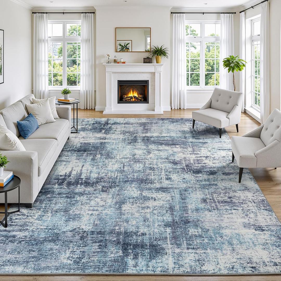 Lofus 9x12 Area Rug for Living Room, Blue Abstract Large Rugs with Non-Slip Backing, Neutral Modern Washable Carpet for Bedroom Dining Room Home Office Nursery Indoor