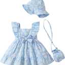 Renotemy Baby Girl Summer Dress Infant Boho Outfits Light Blue Daisy Casual Floral Sundress with Hat and Bag Sleeveless Party Beach Dresses Baby Girl Clothes 6-9 Months 12 Months