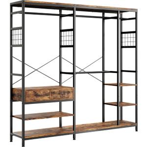 IRONCK Closet Organizer and Storage Shelves, Heavy Duty Clothes Rack with 2 Wooden Drawers, L Shaped Coat Rack Corner Closet System, Vintage Brown