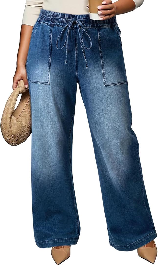 Eytino Womens Plus Size Jeans High Waisted Straight Leg Wide Leg Jean Trendy Stretchy Drawstring Denim Pants (1X-5X)