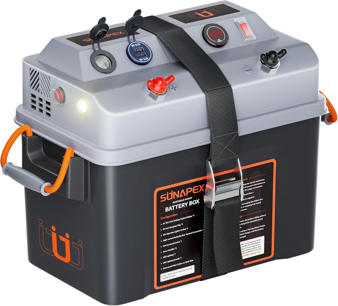 SUNAPEX Smart Battery Box 12V/24V Power Center - Multi Ports & Circuit Breaker for Trolling Motor, Marine,RV & Solar Panel (No Battery)