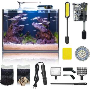 5 Gallon Small Aquarium Set Glass Fish Tank 6 Gallon, Starter Kit with Heater Water Pump Cleaning System Filter Bright Light Rocks Gravel Cleaning Tool, Leak-Proof Clear Rimless Betta Plants