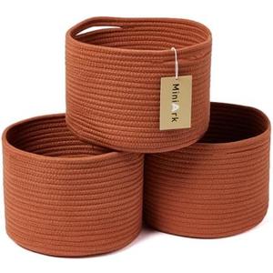 MiniArk Small Basket for Organizing | Cube Shelf Closet Storage Baskets | 9.7×9.7×7.1” | Woven Rope Gift Basket | Nursery | Round 3 Packs Oxide Red