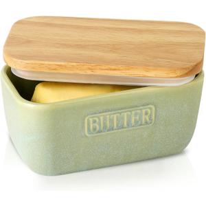 HVH Ceramic Butter Dish with Lid for Countertop, Airtight Butter Keeper with Turquoise Wooden Lid (6 x 3.5 x 2.7)