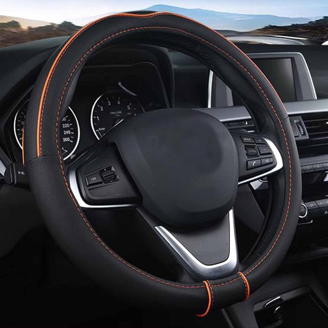 SHIAWASENA Auto Car Steering Wheel Cover, Universal 15 Inch Fit, Soft Leather, Breathable Anti Slip (Black & Orange)