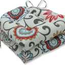 Pillow Perfect Floral Indoor/Outdoor Chairpad with Ties Reversible, Tufted, Weather, and Fade Resistant, 15.5" x 16", Blue/Brown Pom Pom Play 2 Count